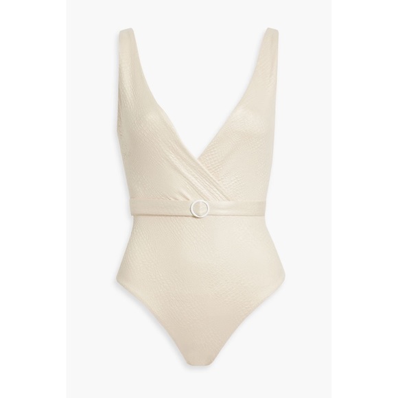 NWT Onia Michelle Wrap-Effect Belted Stretch-Seersucker Swimsuit